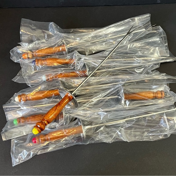 Set of 8 Japanese Stainless Steel Fondue Forks w/Wooden Handles Colored Ends - Picture 2 of 5